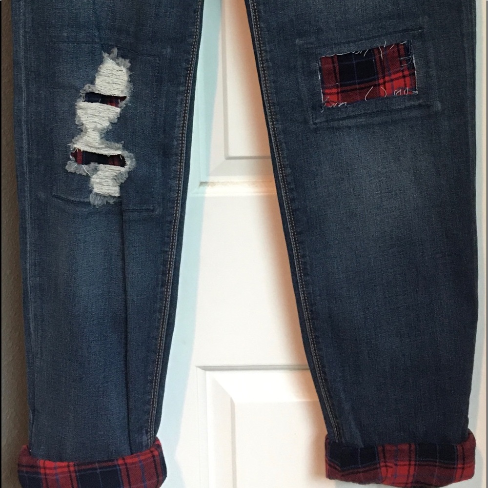 Sneak Peek brand size 7 jeans; plaid patches